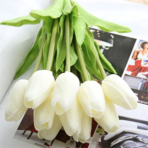 30 pcs Real-Touch Artificial Tulip Flowers Home Wedding Party Decor (Off White) - color: Off White