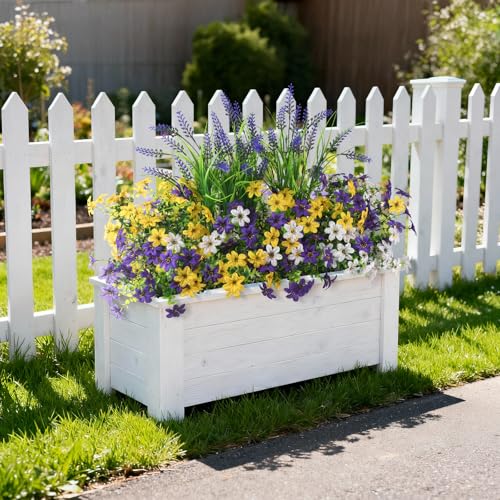 Artificial Flowers for Outdoors UV Resistant, 14 Bundles Fake Flowers Daisy with Lavender Faux Outdoor Plants Silk Flower for Outside Planters Patio Porch Window Garden Yard Spring Summer Decoration - color: Deep Purple Yellow White