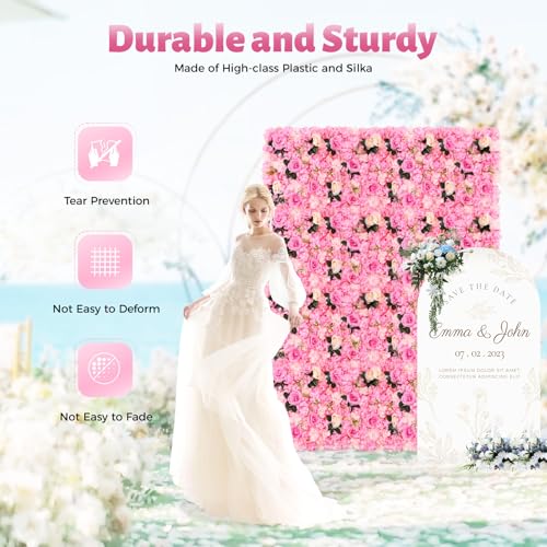 12 Pcs Artificial Flower Wall Panels Silk Dahlia Rose 3D Faux Flower Backdrop Panels Background Decorative for Wedding Celebrations Festive Party Home, 23.62 * 15.74in (Dark Pink) - color: Dark Pink