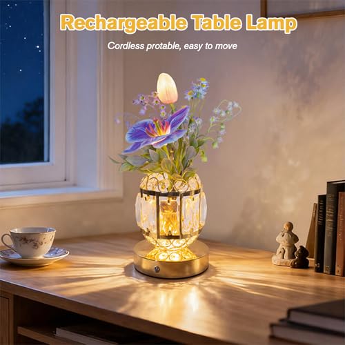 Flower Table Lamp, 3-Color Dimmable Tulip Artificial Flowers Night Light, Rechargeable Cordless Small Lamp, Ambient Light with Crystal Vase for Party Home Desk Decorations (Purple Blue - Flower) - color: Purple Blue - Flower