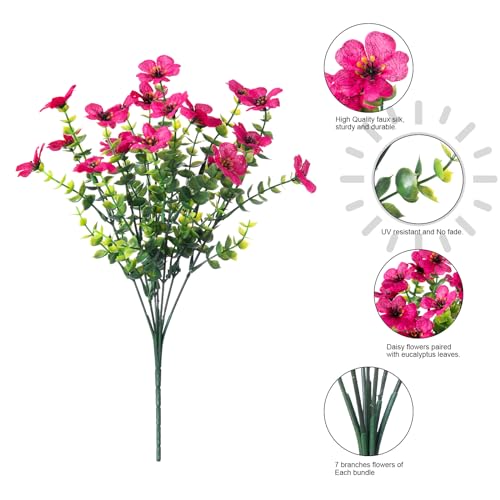 Artificial Fake Plants Flowers for Outdoor Outside Summer Decoration, 12 Bundles Faux Silk Hotpink Daisy UV Resistant Realistic for Porch Patio Home Window Box Yard Garden Planter - color: Hotpink