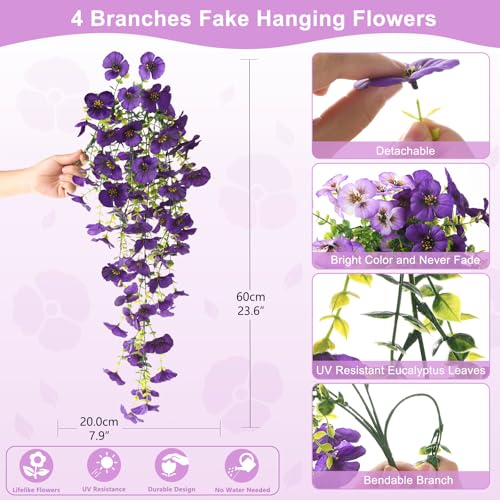 Fake Artificial Flowers for Outdoors, 4 Pcs Faux Hanging Pansy Flowers Spring Summer Decor, UV Resistant Fake Plants Silk Flower for Planter Front Door Porch Patio Yard Garden(Gradient Double Purple) - color: Double Purple