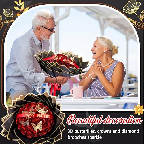 Maysing Money Bouquet Kit 12 Pcs Glitter Roses 20 Sheet Flower Wrapping Paper DIY Flower Bouquet Floral Foam Blocks Sticker for Anniversary Birthday Mother's Day Graduation(Red) - color: Red