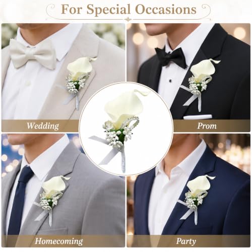 ChezMax Calla Lily White Boutonniere Handmade Silk Flower with Ribbon Corsage for Bride Groom Wedding Party 6 Packs - color: B-white Boutonniere-6 Pcs