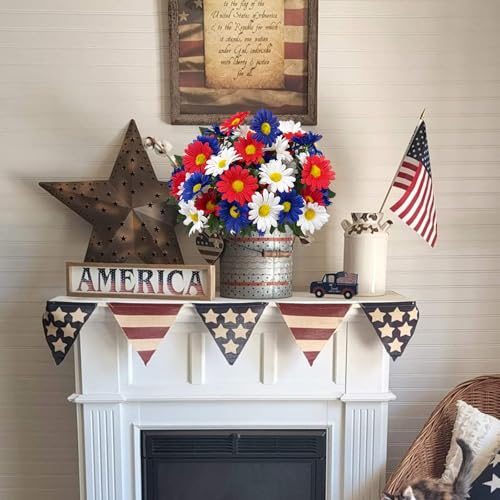 4 Bunches Memorial Day Flowers for Cemetery 15" Red White and Blue Artificial Flowers Faux Daisies Silk Flowers for 4th of July Table Decorations Indoor Outdoor