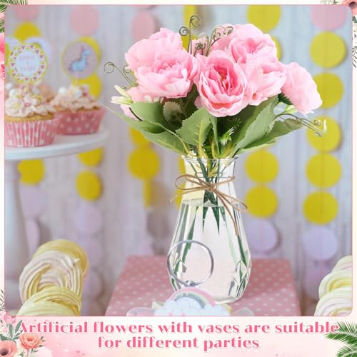 Zeyune 37 Pack Artificial Peonies Flowers with Bud Vase Bulk 24 Bundles Silk Peonies Bouquets 12 Plastic Clear Vase with 1 Rope Fake Flowers for Table Centerpiece Vases(Pink,Perfume) - color: Pink, style: Perfume