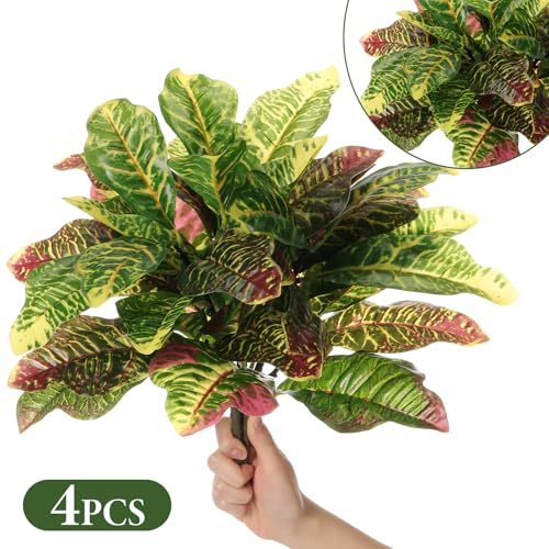 Hotop 4 Pcs Artificial Croton Plant 15.8 Inch Faux Greenery Leaf Branches Lifelike Tropical Houseplant Bush Stems for Home Office Garden Pot Decoration