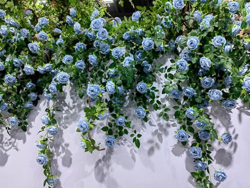 Bendable Artificial Flower Garland Faux Rose Vine Hanging Floral Garland for Wall Decor Trellis Fence Home Room Garden Wedding Decoration(Blue, 1pcs) - color: Blue, size: 1pcs