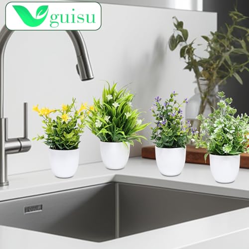 Uguisu 4 Pcs Small Fake Plants Indoor Artificial Plants Simulation Plants for Bathroom Decor Office Decor Room Decor Home Decor Indoor-White with Flowers - color: White