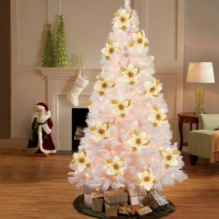 SITUMEIZI 24 Pcs Gold Poinsettia Artificial Christmas Flowers 5.5" Glitter Poinsettias Christmas Tree Decoration Flower with Stems & Clips for Wreath Xmas Tree New Year Party Ornament Wedding - color: Gold