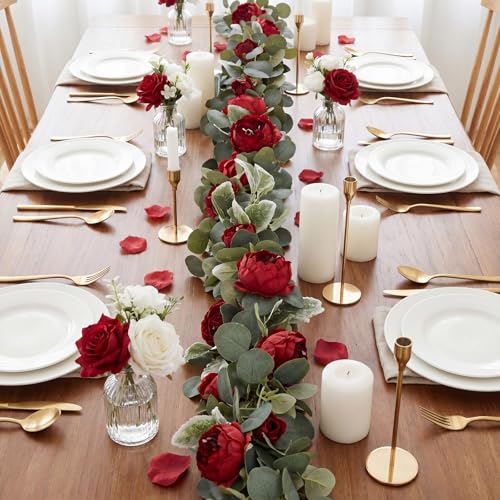 2 Pack Burgundy Artificial Flower Garland 6.2ft/Piece Vintage Eucalyptus Rose Garland with Fake Peonies Silk Fake Floral Vines for Wedding Arch Home Table Mantle Party Backdrop Decor (Burgundy) - color: Burgundy