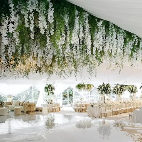 Wisteria Hanging Flowers, 60 Pack Artificial Wisteria Vines Fake Garland Silk Flower String for Wedding Party Garden Outdoor Greenery Home Wall Decoration (60pcs White) - color: 60pcs White