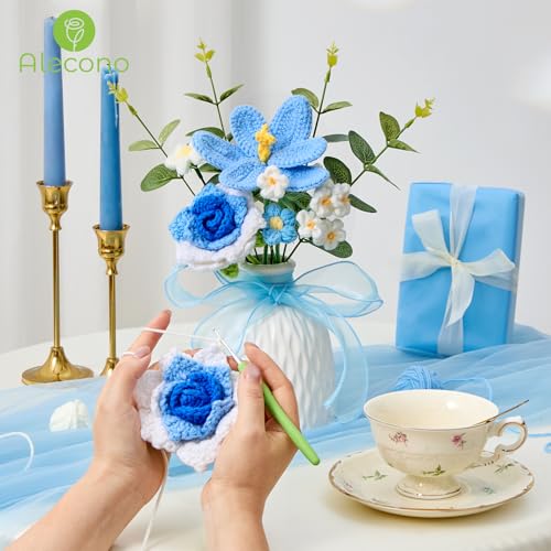 Alecono Crochet Flower Bouquet, Knitted Flowers, Blue Handmade Bouquet of Flowers for Lover Anniversary Birthday Party Mother's Day Graduation Gifts (Include Card) - color: Blue