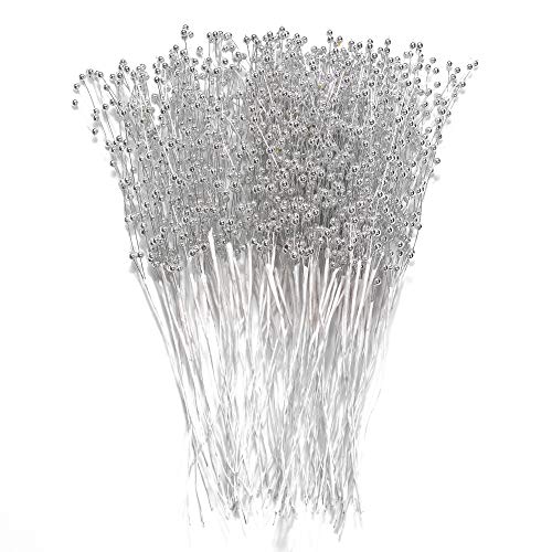 60 Pieces Pearl Stick Stems Bouquets, 4mm Bead String Garland Beaded Spray Filler Floral Arrangements Tree Picks Wedding Party Decoration, Mother's Day Flower Decor, Christmas Tree Picks (Silver) - color: Silver