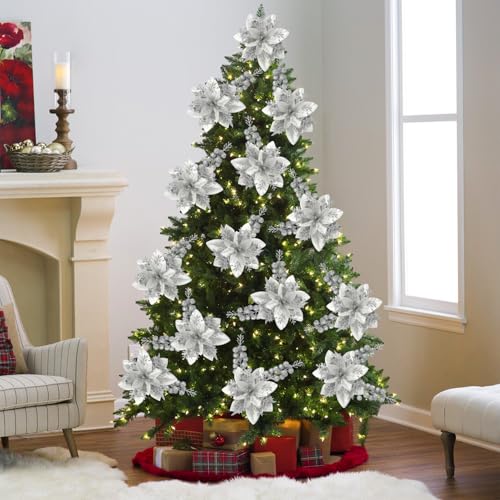trytuny 50pcs Glitter Poinsettia Christmas Ornaments, Artificial Flowers with Clips Stems for DIY Wreath Making, Holiday Home Party Decorations, Indoor Use (Sliver) - color: Sliver