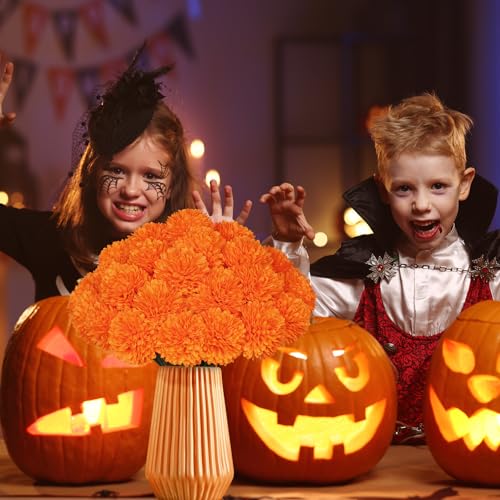 36 Pcs Artificial Chrysanthemums Flowers,Marigold Flower Fall Fake Flowers Orange Silk Mums Bouquet Decor Faux Ball Flowers for Autumn Day of Home Decor Indoor Wedding Table Centerpiece (Orange) - color: Orange