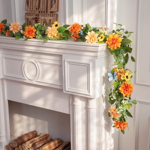 Giegxin 1 Pack 6 ft Artificial Flower Garland Flower with Dahlia and Daisy Yellow Fake Butterflies Wisteria Vines Summer Greenery Eucalyptus Garland for Wedding Mantle Porch Stair Table Indoor Decor - style: Dahlia,Daisy Flower,Butterflies