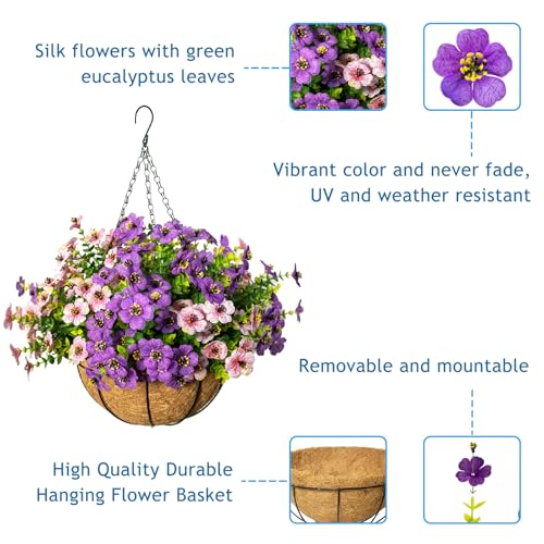 Artificial Hanging Flowers for Outdoors with Basket,UV Resistant Realistic Faux Hanging Plants Outdoor Artificial Flowers for Outdoors Basket for Yard Porch Patio,12 Bundles(6,Pink,Purple) - color: Pink+purple
