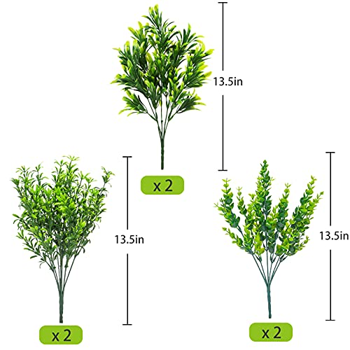 Ouddy Decor 6 Bundles Artificial Greenery Stems Mixed Fake Plastic Plants Eucalyptus Rosemary Faux Magnolia for Outdoor Indoor Garden Home Window Box Decor - color: Light Green