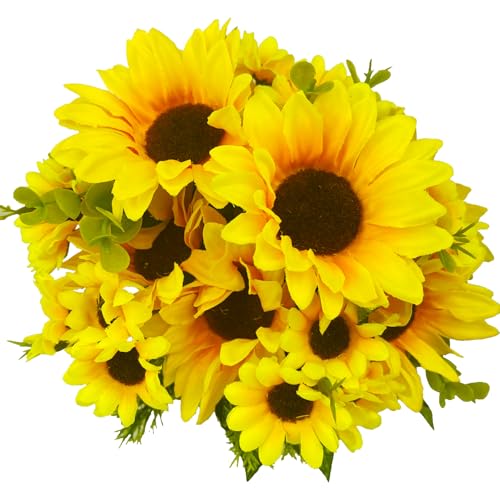 Lifelike Artificial Sunflower Bouquets, 15” Tall Silk Fake Sunflowers for Wedding Centerpieces, Home Decor, DIY Garden Craft Arrangements (2 Pack)