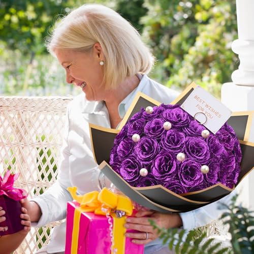 Waipfaru Glitter Roses Bouquet, DIY Fake Flowers Bouquet, Everlasting Shiny Artificial Rose Bouquet for Valentines, Anniversary, Engagement, Wedding, 24 Roses - color: Purple, size: 24pcs