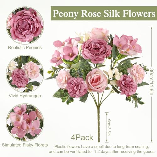 4 Packs Peonies Artificial Flowers Silk Pink Purple Artificial Peonies Bouquet Fake Flower Arrangements Mixed Roses Hydrangea with Stems for Centerpiece Table Wedding Bridal Bouquets Home Decor - color: Pink Purple