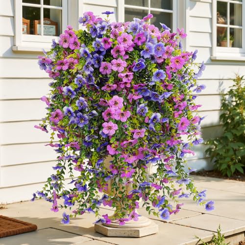 Artificial Hanging Flowers for Outdoor Decor, 6 Bundles UV Resistant Faux Silk Flowers, Fake Hanging Plants for Porch Patio Yard Planter Indoor Home Decoration(Blue, Purple) - color: Blue＆purple