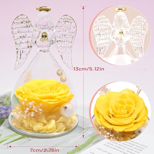 Miofula Gifts for Mom Birthday Gifts for Women, Preserved Flowers Rose in Glass Angel Figurines, Fresh Flowers for Delivery Anniversary Forever Real Roses Gifts for Mothers Grandma Her Wife Girlfriend - color: Yellow