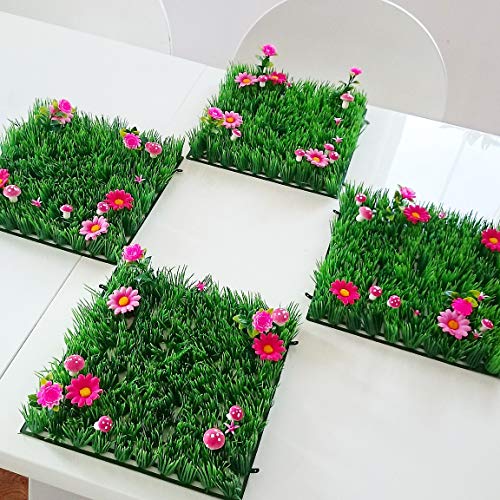 Artificial Grass Place Mat Set of 4 | Flower Table Mats for Tea Party, Garden Party, Kids Birthday, Fairy & Unicorn Decorations | 10x10 Inch Green Placemats