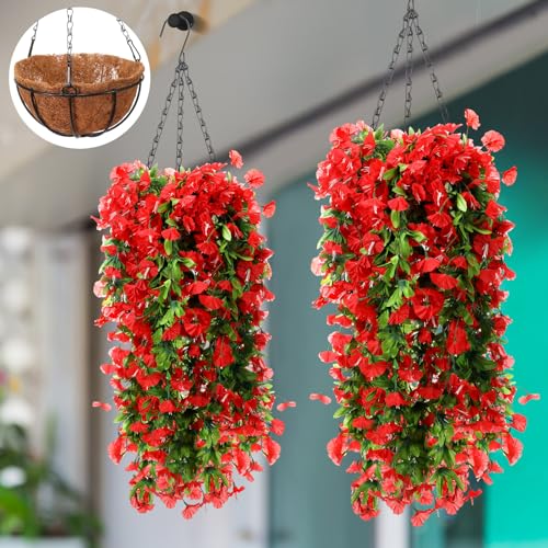 Hotop 2 Set Artificial Flowers with Hanging Basket Includes 6 Pcs Morning Glory Vines Faux Outdoor Hanging Plants Waterproof UV Resistant Fake Flowers for Patio Spring Summer Decor(Red) - color: Red