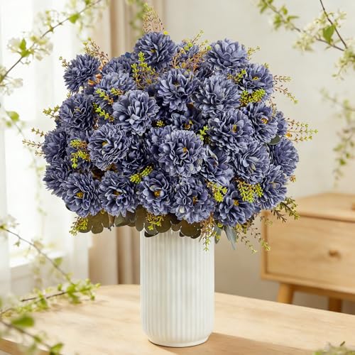 18 Heads Ink Blue Artificial Chrysanthemum Flowers Fake Mums Ink Blue Kiku Gothic Flowers Bouquet Silk Chrysanthemums for Indoor Outdoor Table Centerpiece Vase Pots Decoration, 2 Pcs - color: Dark Blue Chrysanthemum
