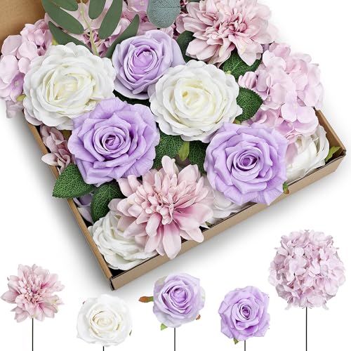 Artificial Flowers Combo, Violet DIY Fake Silk Flowers Set Decor with Stems for Roses Wedding Party Centerpieces Bridal Bouquets Cake Decorations Arrangements Indoor Outdoor - color: Violet