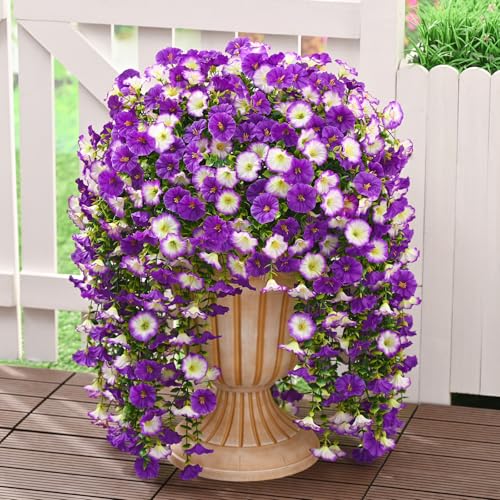 Dolicer 8 Packs Look Real Artificial Flowers for Outdoors, Fake Artificial Hanging Flowers for Outdoors Realistic UV Resistant Hanging Flowers Silk Petunia Faux Flowers for Porch Patio (Mixed Purple) - color: Mixed Purple, size: 8 packs