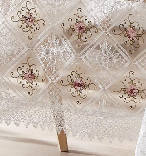 LinenZone White Farmhouse Tablecloth with Colorful Flower Design. 84 Inch Rectangular Tablecloth for Oblong or Oval Table. Macrame Cover for Farmhouse Decor. (Viola 60 x 84, White) - color: White, size: 84" x 60" (Rectangular)