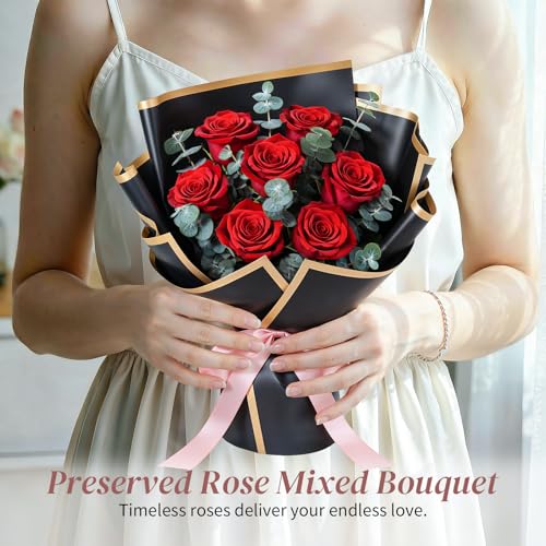 Lewondr Flower for Delivery, Preserved Flowers Bouquet, Red Roses Bouquet, Real Long-Lasting Forever Birthday Flowers Gifts for Her Wife Girlfriend Valentines Day Anniversary Mothers Day, Black-Red - color: Red