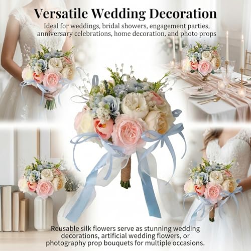 Wedding Bouquets for Bride, Pale Pink and Light Blue Bridal Bouquet | Realistic Silk Rose for Rustic Boho Church Ceremony, Proposal, Thanksgiving, Wedding Decor - color: Pale Pink and Light Blue