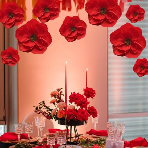 BRT Bearingshui Red Paper Flowers Decoration for Wall Total 9 Pcs, Artificial Flowers for Wedding Decor,Flower Backdrop Decor, Baby Bridal Shower Birthday Party, Red 3D Wall Flowers Decor - color: Red