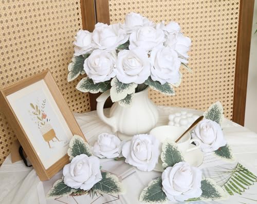 IPOPU Rose Artificial Flowers 20pcs Realistic Velvet Faux Rose with Stems White Fake Rose Flowers in Vase for DIY Wedding Bouquets Bridal Shower Party Centerpieces Table Home Decor (White - color: White