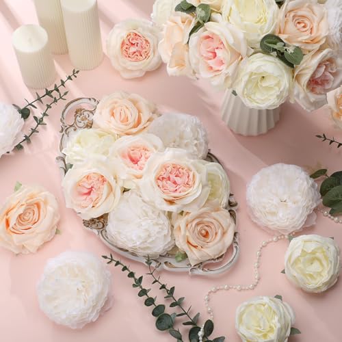 Suncalla 98 Pcs Artificial Flowers Bouquet Assorted Faux Flowers Heads with Stem Eucalyptus Leaves Silk Floral Table Centerpiece for DIY Wedding Party Wreath Home Decor(Champagne Color) - color: Champagne Color