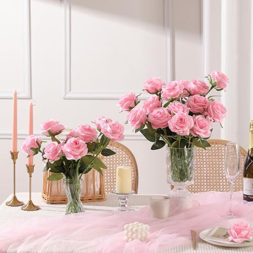 Nubry 24pcs Artificial Pink Roses, Fake Silk Roses Flower with Long Stems, Realistic Flowers for Bridal Wedding Party Table Centerpiece Home Decor - color: Pink