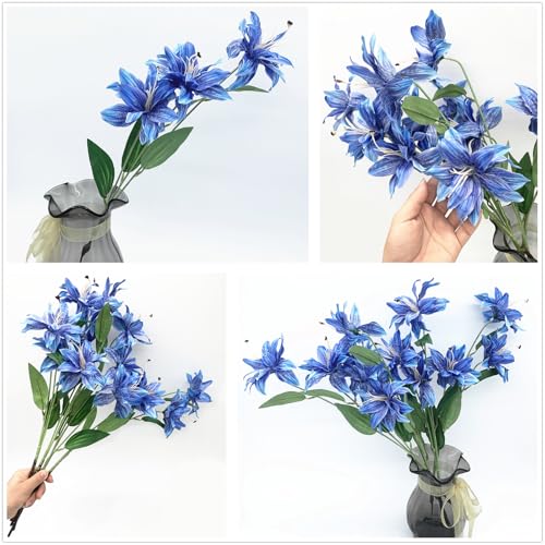 Artifical Lily Flowers Fake Stargazer Lilies Flower Bundles 4 Pack, Faux Silk Lily Floral Stems for Indoor Outdoor Home Garden Decor Office Party Wedding Arrangement Bouquets DIY Decoration - Blue - color: Lily Silk Flowers / Blue 4 Pack