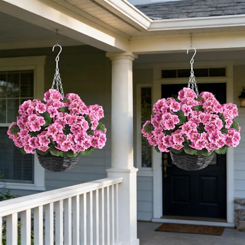 GLIDLION 2 Set Artificial Geraniums Flowers with Hanging Baskets for Outdoors - Sun Resistant Silk with Geranium Flowers, Fake Hanging Planters for Front Porch Garden Patio Home Decor (Pink) - color: Pink
