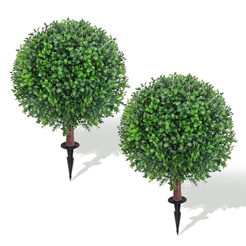 25" Artificial Boxwood Topiary Ball Tree with Ground Plugs [Set of 2] UV Protected Artificial Shrubs, Fake Evergreen Artificial Plants for Indoor and Outdoor Porch Garden - color: H-green