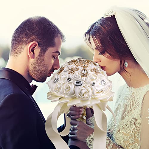 Handmade Brooch Wedding Flowers Bridal Bouquets Crystal Bride Holding Bouquet White Ivory Satin Roses with Diamond Pearl Ribbon (Luxury-Glod) - color: Gold