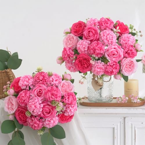 4 Pcs Mixed Artificial Peony Flowers Set-2 Bouquets & 2 Stems, Small Pink Fake Peony Rose Hydrangea Flowers for Vase Silk Floral Arrangements for Table Centerpiece Home Wedding Party Bridal Decoration - color: Mixed Pink, size: Mixed 4pcs