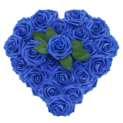 [25 PCS] Royal Blue Roses Artificial Flowers with Long Stem Real Touch Fake Foam Roses for Decoration DIY Wedding Bouquets Centerpieces Bridal Shower Mothers Day Party Flower Arrangements Home Decor - color: Royal Blue