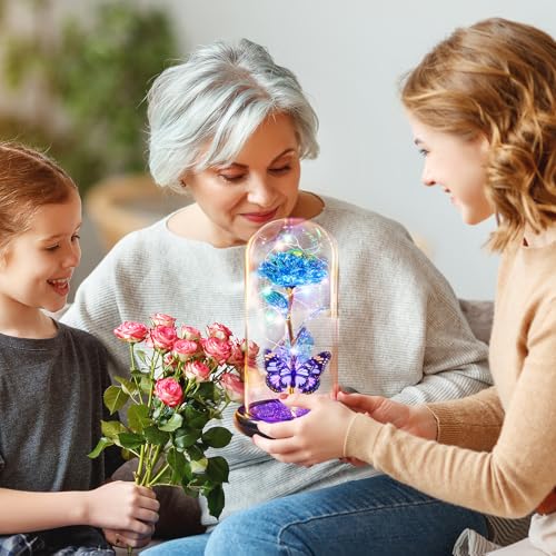 Mothers Day Mom Gifts for Mom Birthday Gift for Women Galaxy Glass Rose in Glass Dome Forever Eternal Crystal Flower with Butterfly Mother's Day Flowers Gifts for Wife Daughter Grandma Sister Blue - color: C Blue