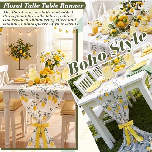 Mindsoft 3 Pcs Lemon Table Runner, 10ft Summer Tablecloth Yellow Lemon Party Decorations Gauze Embroidery Tulle Lace Runner for Table Wedding Birthday Bridal Baby Shower Holiday Dining Decor DIY - style: Lemon