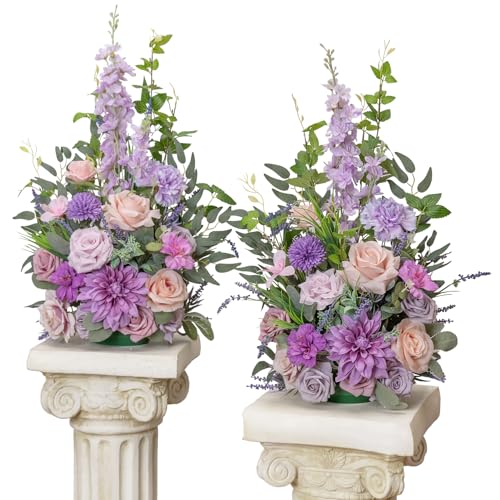 TINGE TIME Free-Standing Artificial Flower Set of 2, Table Centerpiece with Rubber Pad, Silk Fake Flower for Wedding Centerpiece Archway Aisle Welcome Entrance (Violet & Misty Rose) - color: Violet & Mistyrose