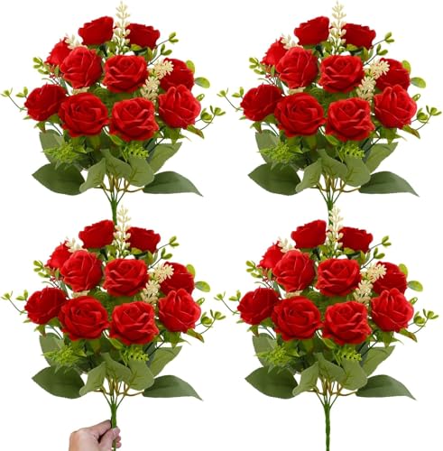TURNMEON 40 Heads Fake Roses Artificial Flowers for Outdoors Summer Decor, 4 Bouquets UV Resistant Fake Flower Bouquet Faux Silk Roses for Wedding Birthday Party Home Indoor Cemetery Decor(Red) - color: Red